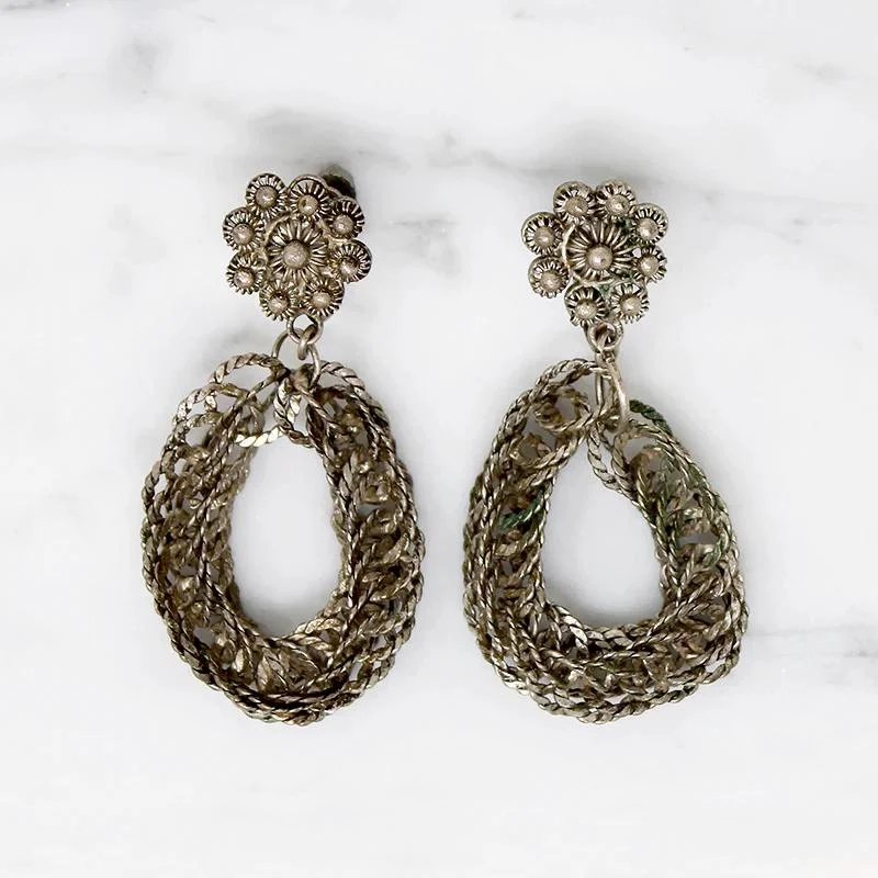 Gorgeous Earrings for Party Nights-Silver Filigree Flower Earrings with Hoop Drops