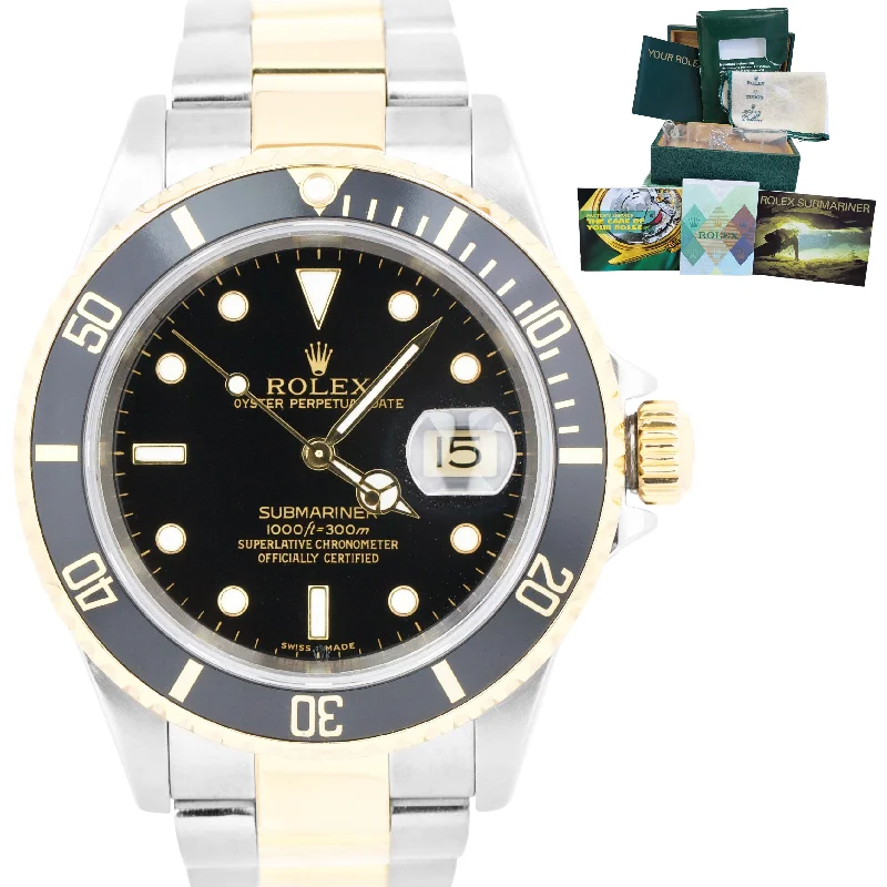 Luxury Digital Watches for Men-Rolex Submariner Black Two-Tone NO HOLES CASE 18K Yellow Gold 16613 40mm B+P