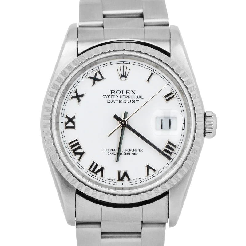 Personalized Watches with Custom Engraving-Rolex DateJust 36mm White Roman NO HOLES Engine Turned Stainless Watch 16220