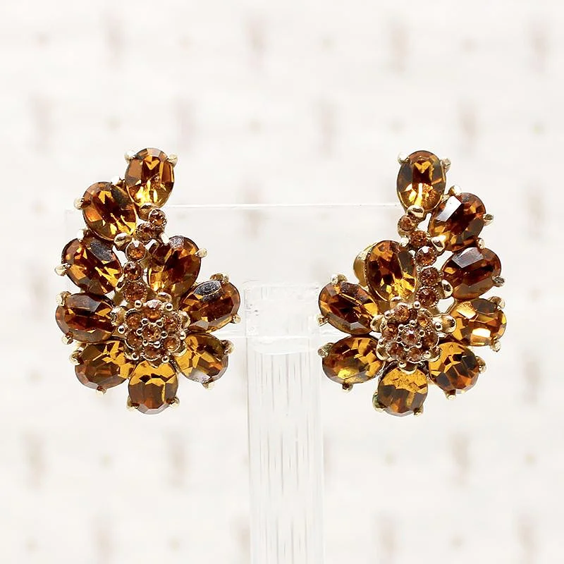 Simple Stud Earrings-Hollycraft Amber Rhinestone Paisley Clip Earrings