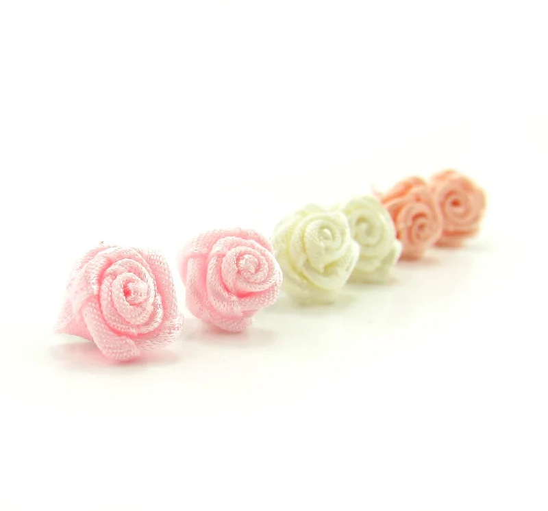 Fashion Forward Earrings for Teen Girls-Ribbon Rose Post Earrings Pastel Girls Wedding Earrings Bridal Favors