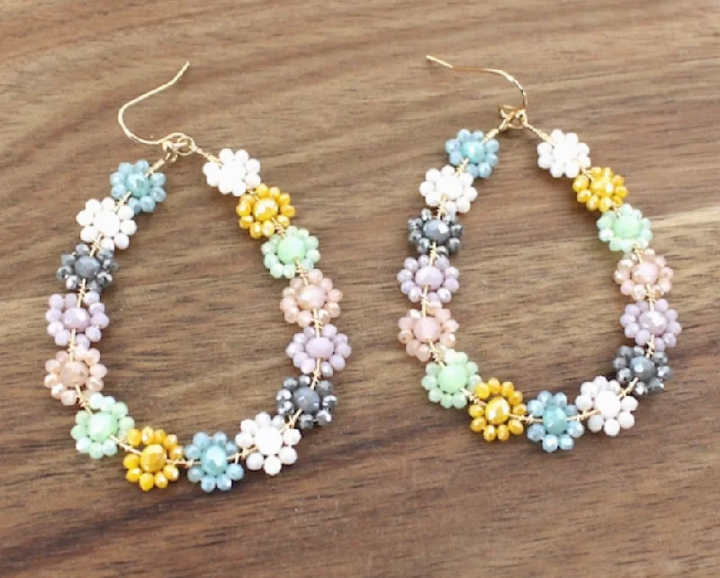 Small Hoop Earrings for Daily Wear-Earrings - Beaded Flower Dangle Earrings