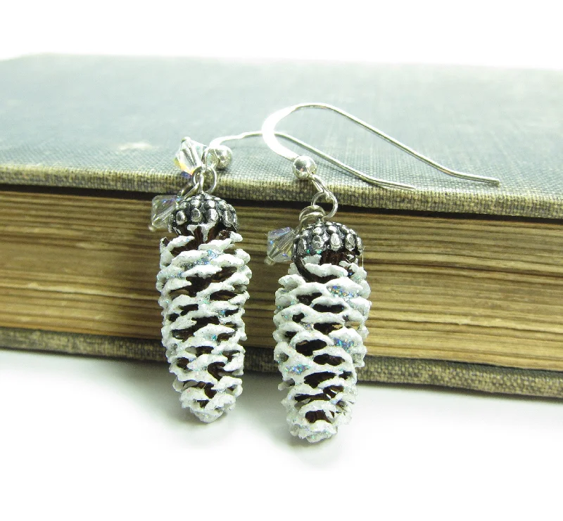 Beautiful Stud Earrings for Women-Snowy Pine Cone Earrings on Sterling Silver Wires