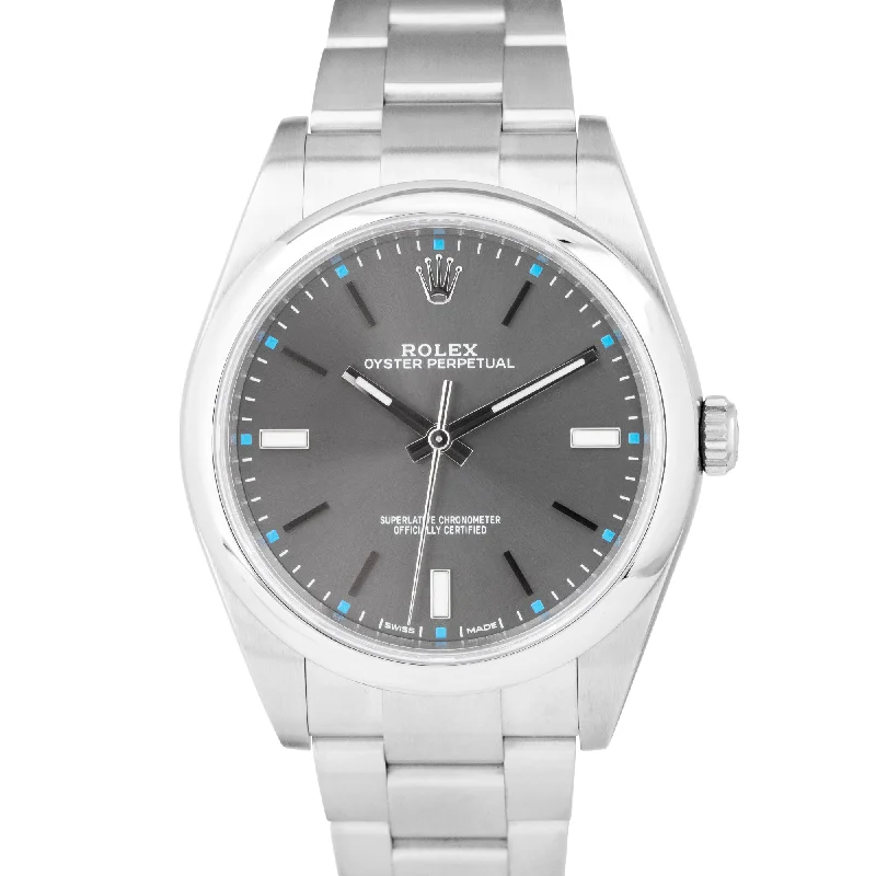 Men's Watches with Bold Watch Faces-MINT Rolex Oyster Perpetual 39mm Rhodium Gray Blue Stainless Steel Watch 114300