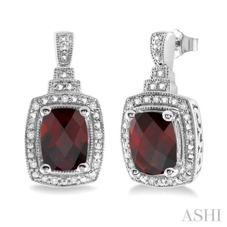 Unique Earrings for Special Occasions-8x6MM Cushion Cut Garnet and 1/10 Ctw Single Cut Diamond Earrings in Sterling Silver