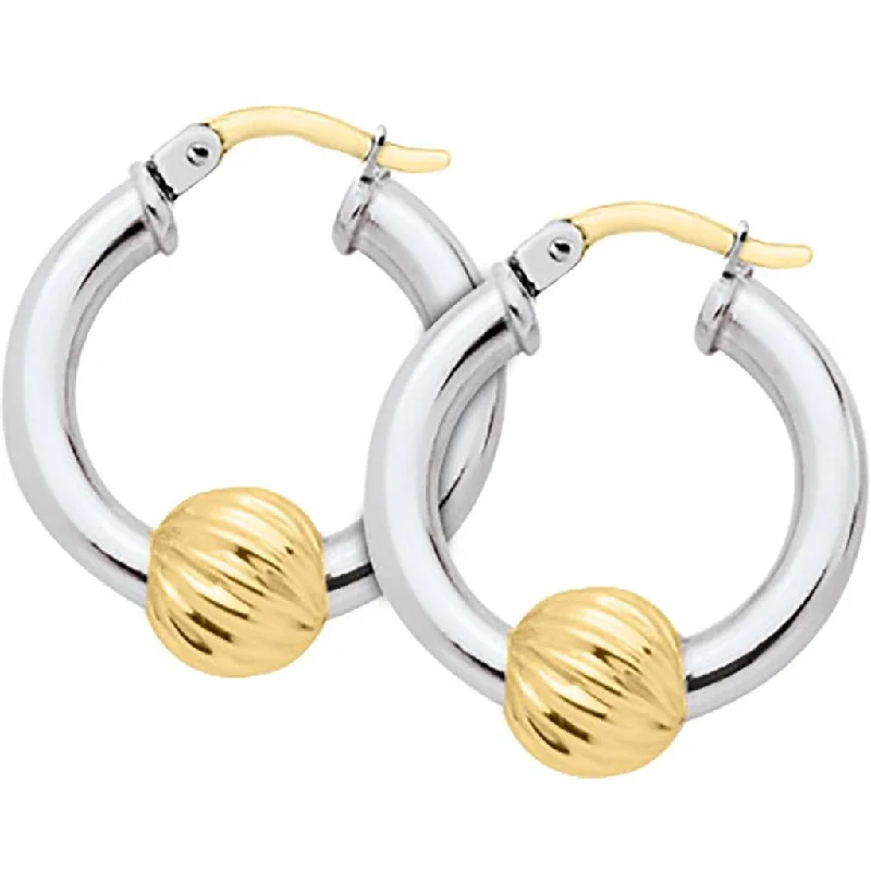 Luxury Earrings for Anniversary-LeStage® Cape Cod : Two Tone Sterling Silver with 14k Gold Swirl Ball Earrings 21mm Hoop