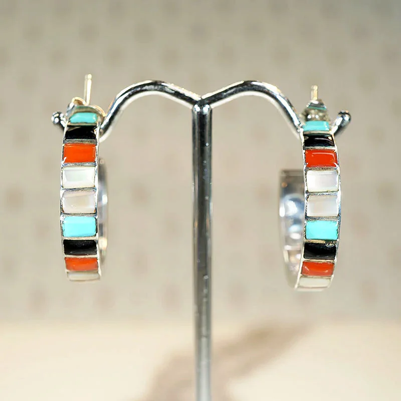 Elegant Pearl Earrings-Colorful Inlay Sterling Silver Hoop Earrings