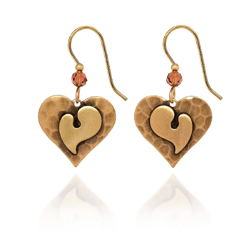 Simple Hoop Earrings for Casual Looks-Silver Forest Heart on Heart with Bronze Bead Pierced Earrings