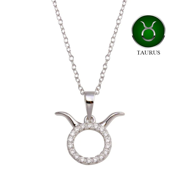 Luxury Necklace for Special Occasions-Silver 925 Rhodium Plated Taurus CZ Zodiac Sign Necklace