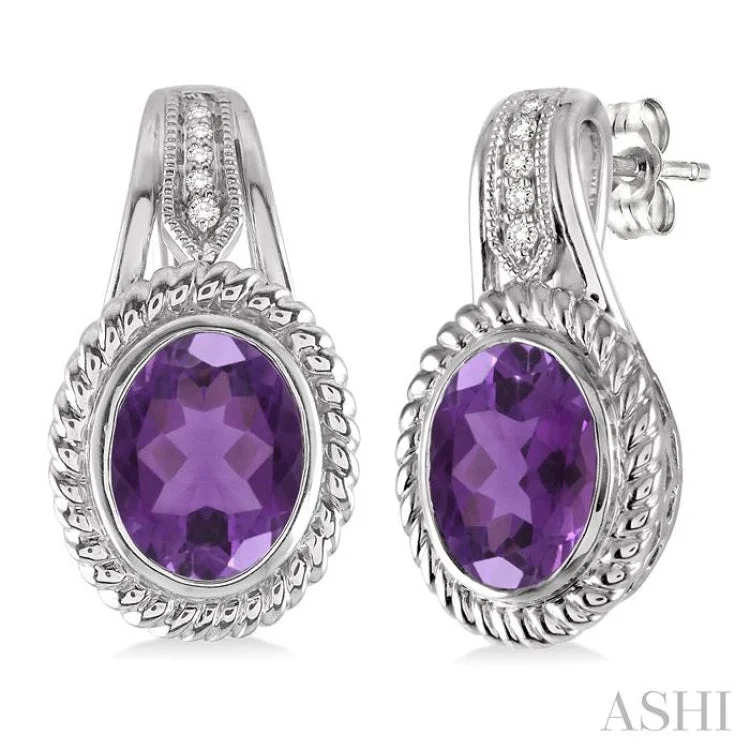 Handmade Earrings for Gift Ideas-9x7 MM Oval Cut Amethyst and 1/20 Ctw Single Cut Diamond Earrings in Sterling Silver