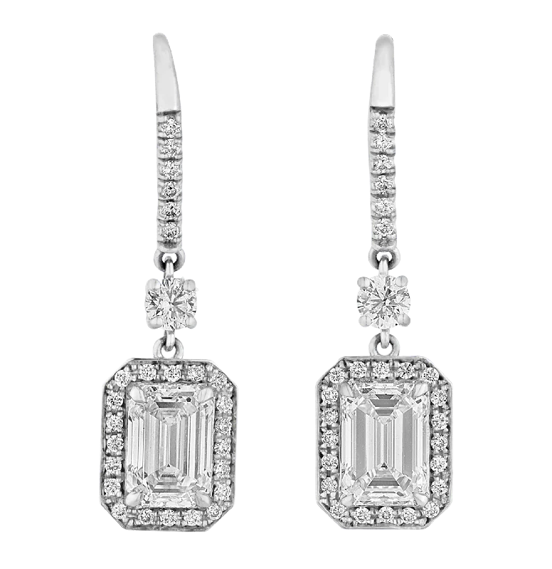 Geometric Gold Earrings-Emerald Cut Diamond Drop Earrings, 2.17 carats