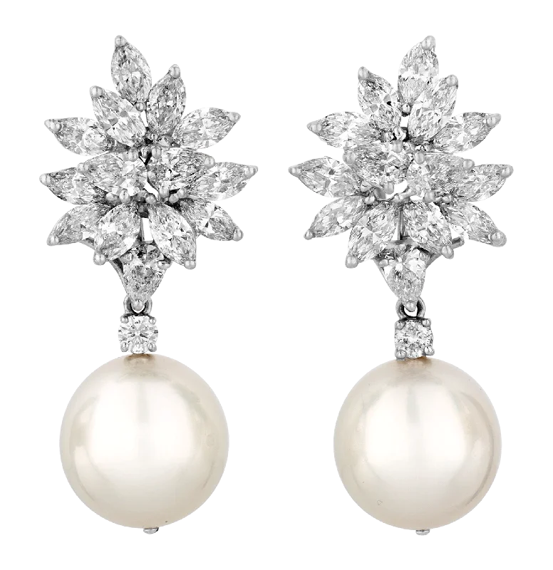 Luxury Diamond Earrings-South Sea Pearl and Diamond Earrings, 15.5-16mm