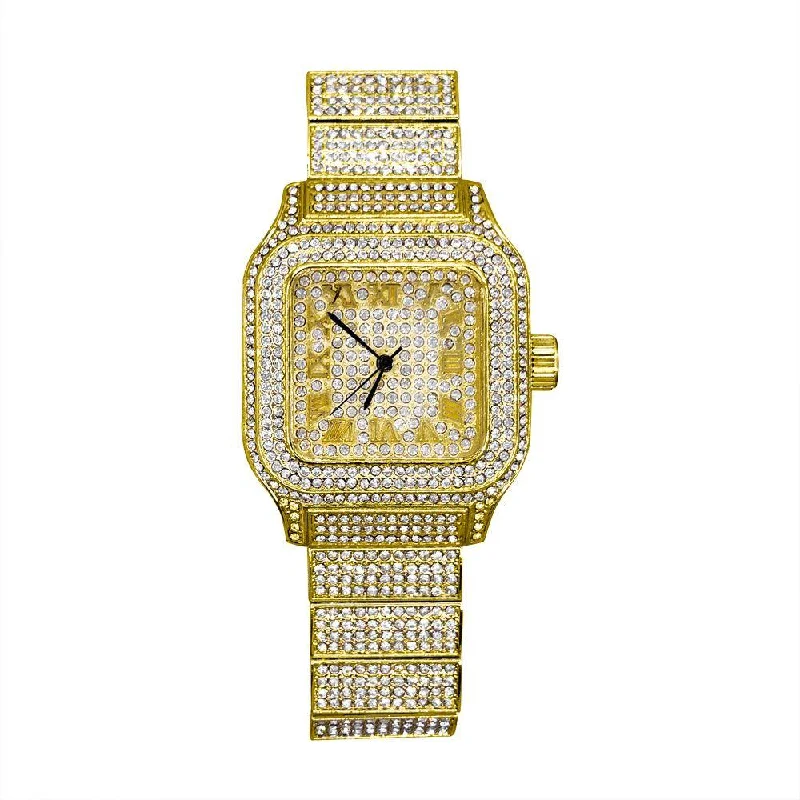 Luxury Watches with Black Leather Strap-Square Fully Iced Out Bling Hip Hop Watch