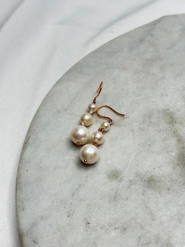 Statement Earrings for Weddings-Earrings - Graduated Pearl Drops on Rose Gold w/ Diamonds