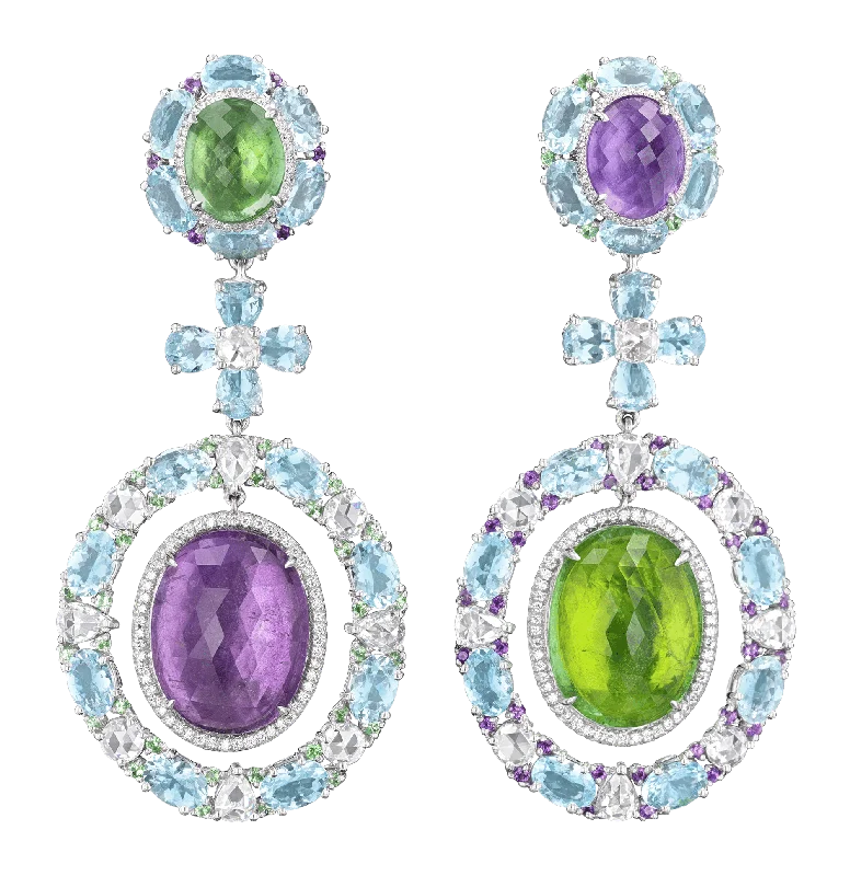 Handmade Earrings for Gifts-Tourmaline, Aquamarine, Amethyst and Tsavorite Garnet Earrings