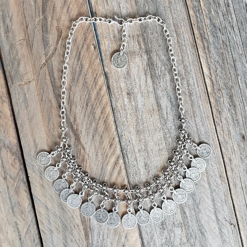 Silver Necklace with Large Pendant-Anatolian boho necklace with coins