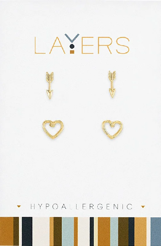 Silver Hoop Earrings-Gold Arrow & Open Heart Duo Pair Stud Layers Earrings