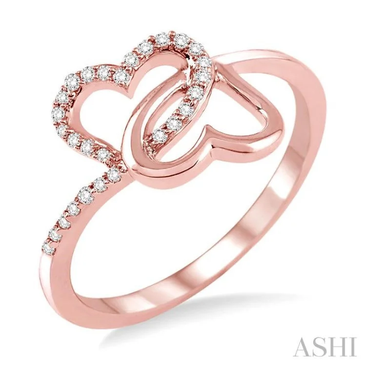 Simple Gold Band Ring-1/10 Ctw Round Cut Diamond Twins Heart Shape Ring in 10K Rose Gold