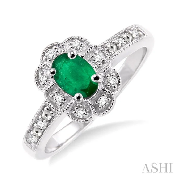 Personalized Couples Ring-6x4 mm Oval Cut Emerald and 1/20 ctw Single Cut Diamond Ring in Sterling Silver