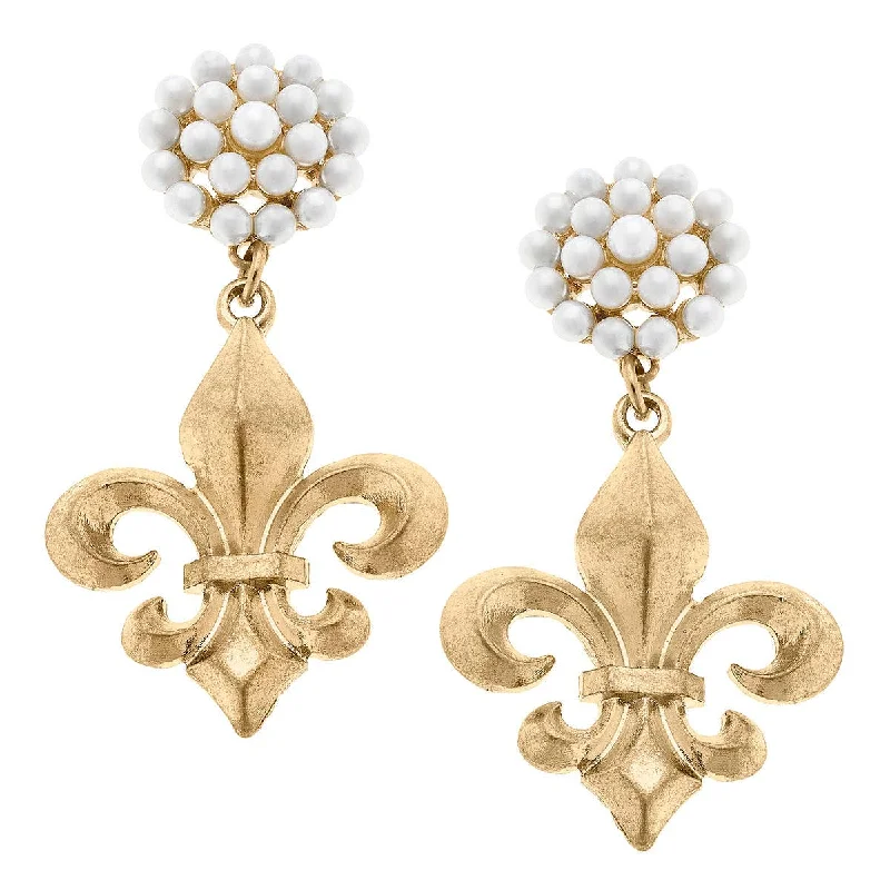 Timeless Pearl Earrings for Wedding Look-Earrings - Manon Bourbon Fleur de Lis & Pearl Cluster Drop Earrings