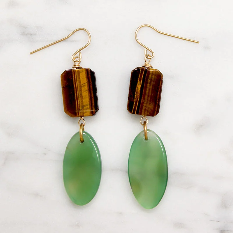 Elegant Gold Stud Earrings-Sylvan Green Agate & Tigers Eye Earrings by Brin