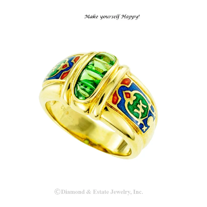 Luxury Gold Ring for Anniversary-Green Tourmaline Polychrome Enamel Gold Band Ring