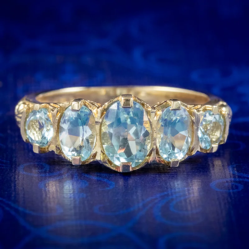 Custom Engagement Ring with Diamonds-Victorian Style Blue Topaz Five Stone Ring 9ct Gold 2.5ct Of Topaz