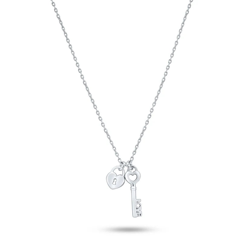 Stylish Gem Necklace for Women-Rhodium Plated 925 Sterling Silver Small Love Key and Heart Lock Necklace