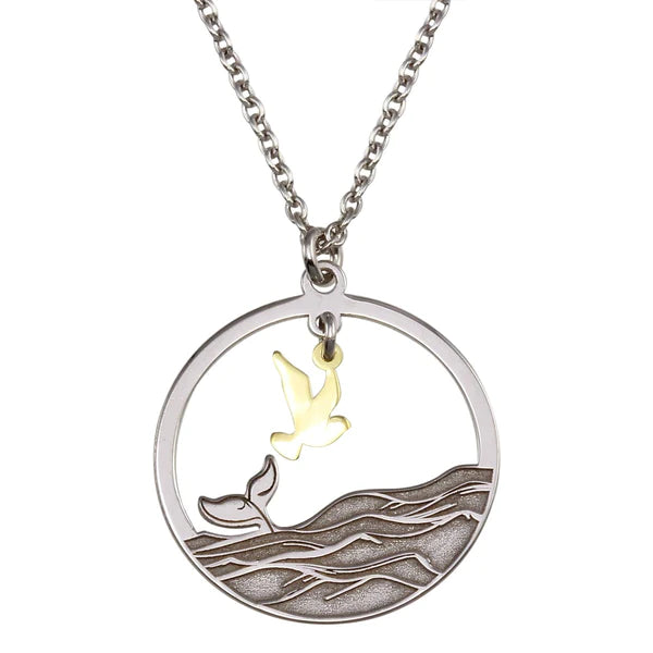 Dainty Necklace for Everyday Looks-Sterling Silver 925 Two Toned Whale Tail and Bird Pendant Necklace