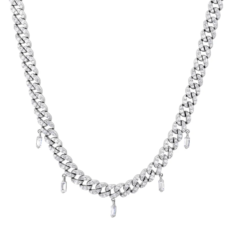 Modern Gold Necklace for Women-Pave curb chain with baguette drops