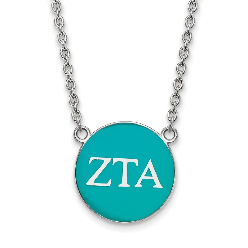 Trendy Gemstone Necklace-Sterling Silver Zeta Tau Alpha Large Turqouise Enamel Disc Necklace