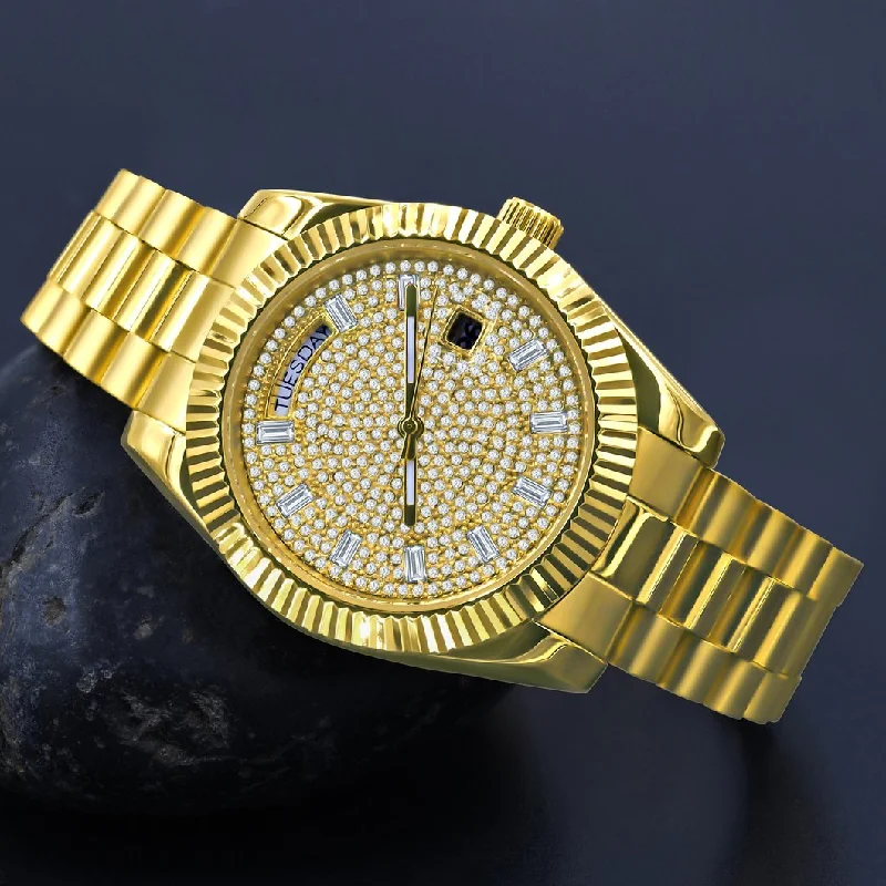 Stylish Watches with Mesh Strap-41MM CZ Pave Dial Baguette Hours Day Watch