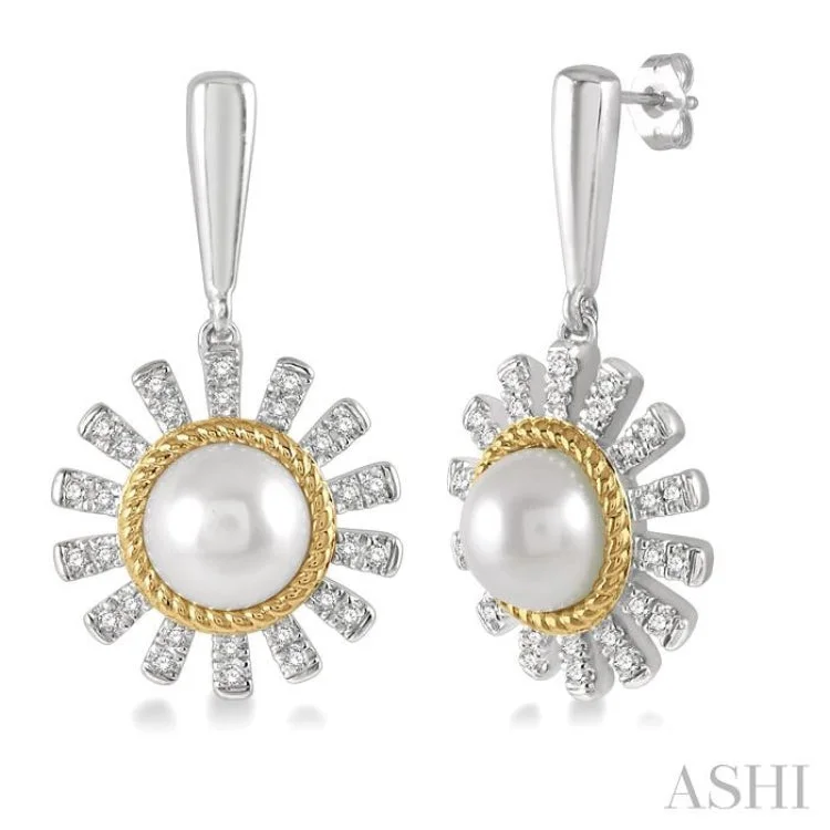 Chic Earrings for Evening Look-1/5 Ctw Sunflower 6x6MM Cultured Pearls & Round Cut Diamond Earring in 10K White and Yellow Gold