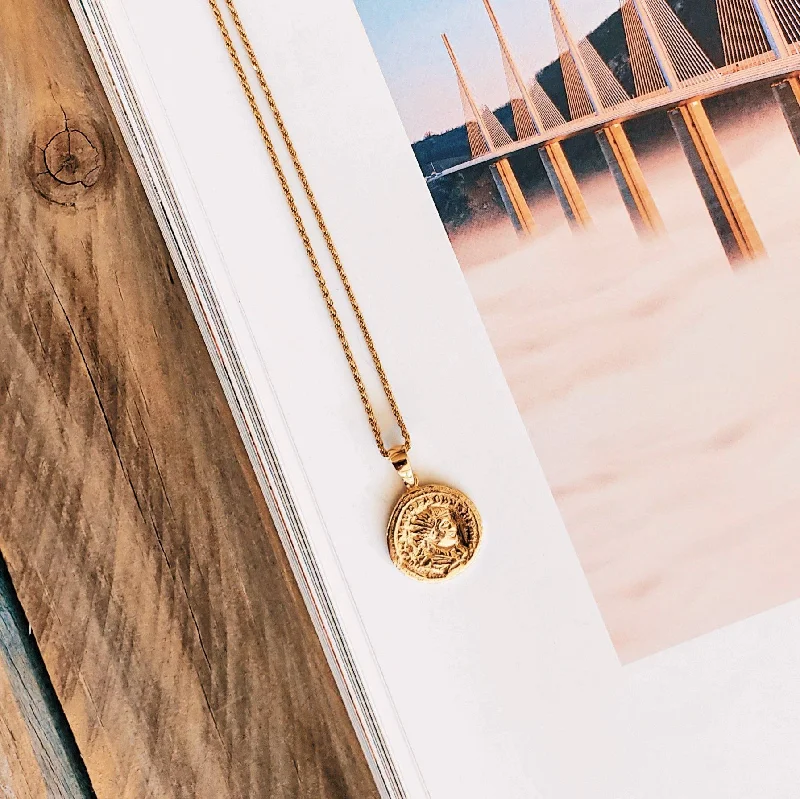 Gold Pendant Necklace for Stylish Women-Gold Roman Coin Pendant - Sterling Silver