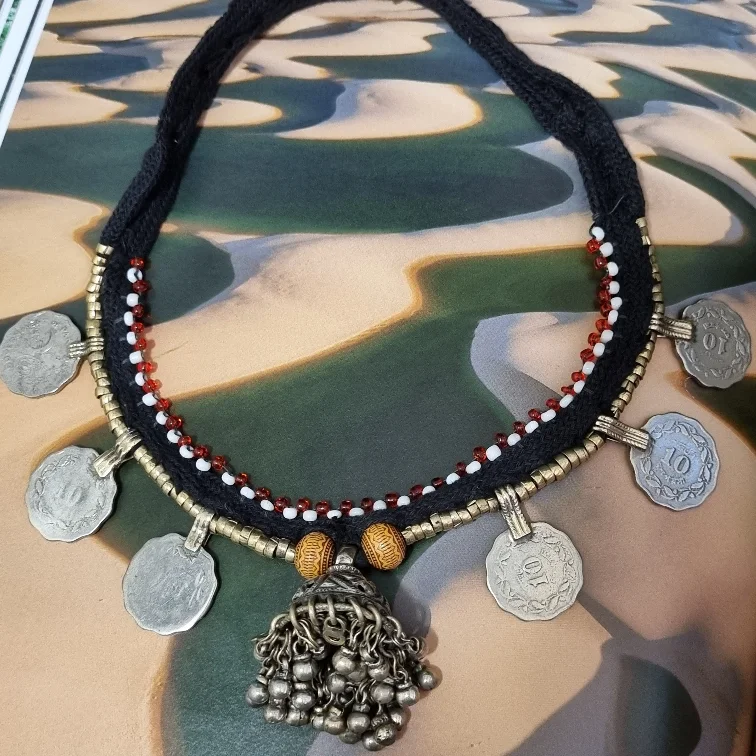 Sterling Silver Necklace with Pendant-Kuchi Tribal Choker with Coins and Bell