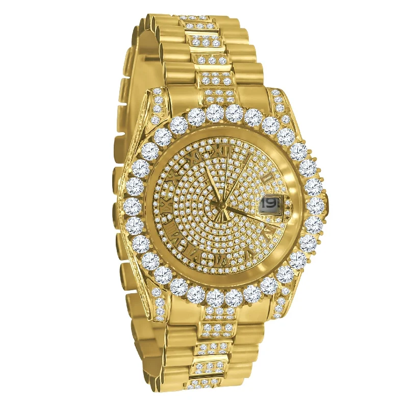 Watch Sets for Men and Women-Big Bezel CZ Roman Dial Date Mid Link Watch