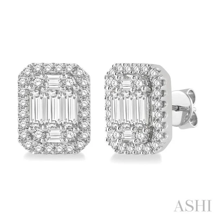 Personalized Earrings for Fashion-5/8 Ctw Octagonal Baguette & Round Cut Diamond Stud Earrings in 14K White Gold