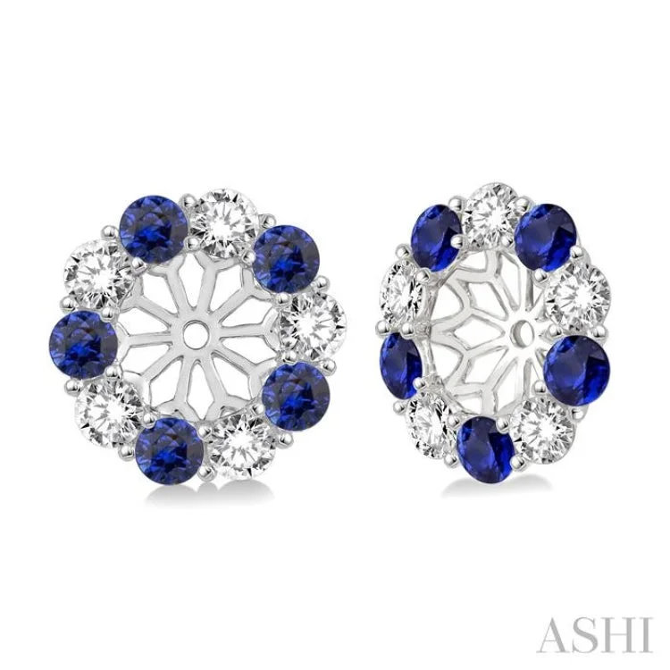 Boho Chic Earrings-2.65 MM Round Cut Sapphire and 3/4 Ctw Round Cut Diamond Earring Jacket in 14K White Gold