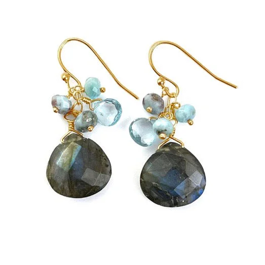 Gold Plated Drop Earrings-Labradorite, Blue Topaz, Larimar Cluster Earrings