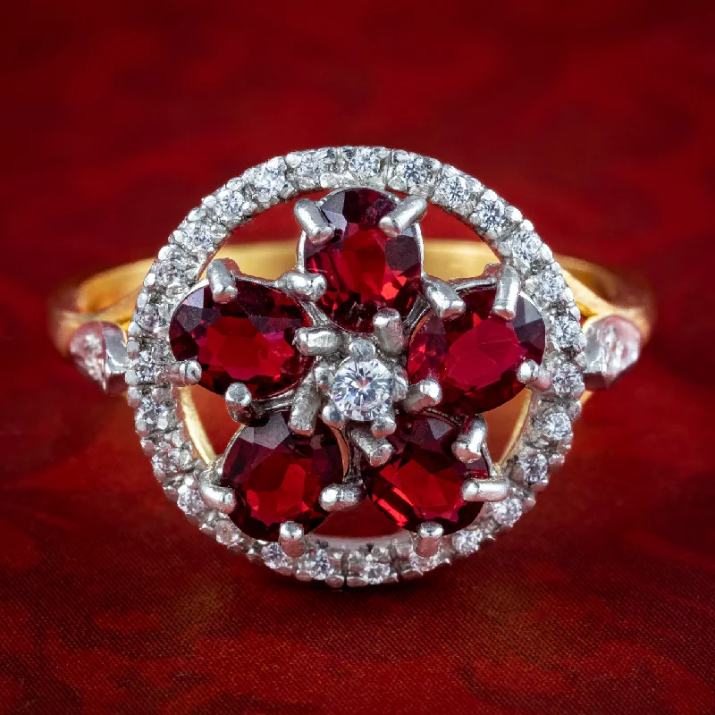 Vintage Diamond Ring for Women-Victorian Style Garnet CZ Flower Cluster Ring