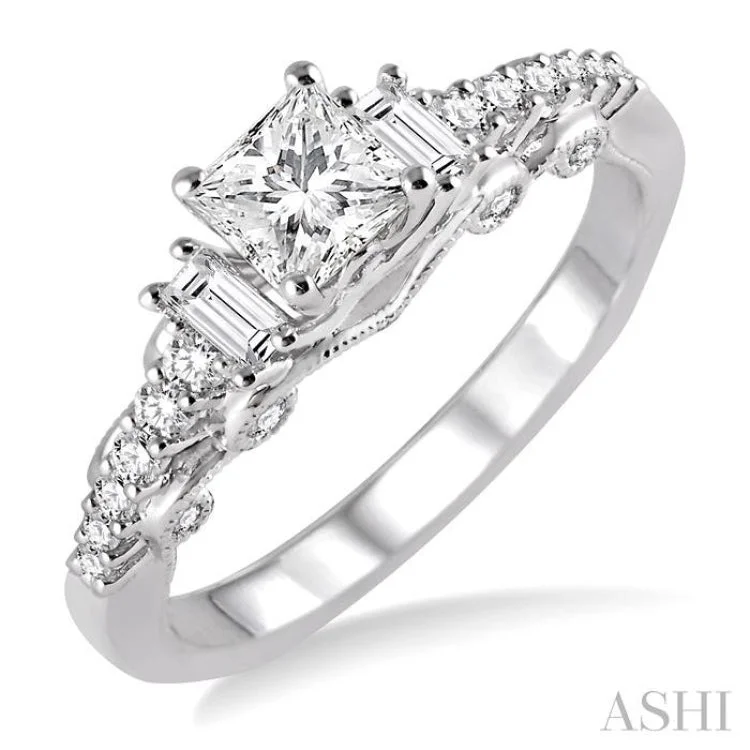 Personalized Name Ring-3/4 Ctw Diamond Engagement Ring with 3/8 Ct Princess Cut Center Stone in 14K White Gold