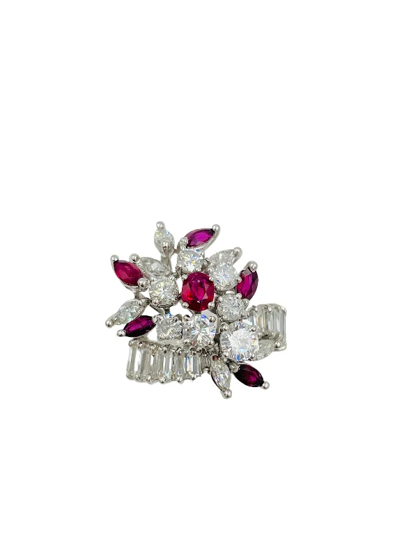 Silver Wedding Ring Set for Couples-Diamond Ruby Platinum Cocktail Ring