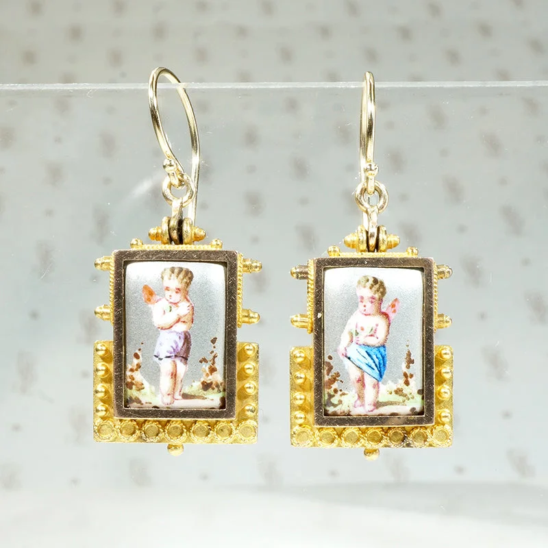 Simple Hoop Earrings for Casual Looks-Cupid Earrings in Pastel Enamel & Etruscan Revival Gold Work