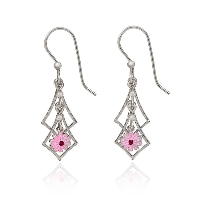 Dangle Earrings for Women-Silver Forest Earrings Diamond Cascade with Pink Flower Drop