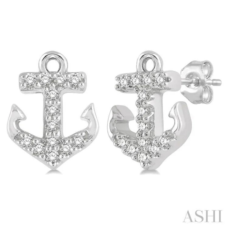 Chic Pearl Earrings for Dinner Parties-1/10 Ctw Anchor Round Cut Diamond Petite Fashion Earring in 10K White Gold