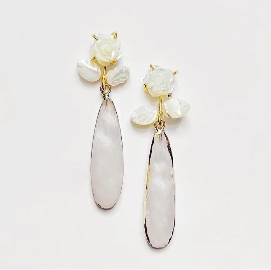 Handmade Earrings for Casual Style-Earrings - Carved Rose + White Quartz