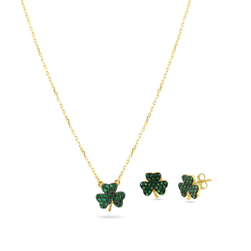 Layered Necklace for Trendy Looks-Gold Plated 925 Sterling Silver Mini Green Clover Set with CZ