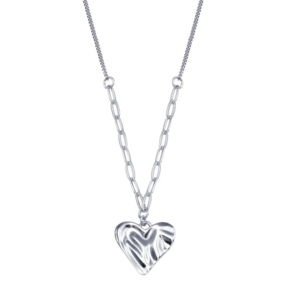 Bohemian Necklace for Beach Wear-Silver 925 Rhodium Plated Creased Heart Necklace