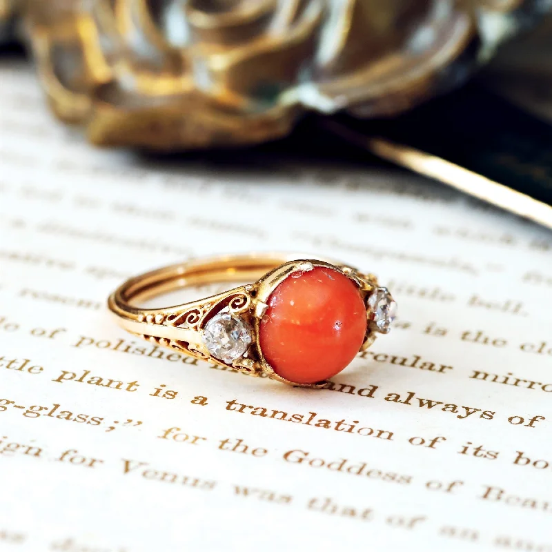 Custom Birthstone Ring for Fashion-Antique Archaeological Revival Coral Ring