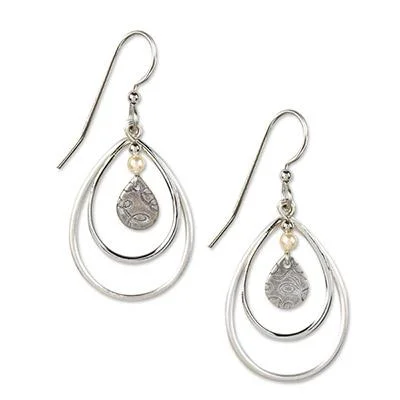 Geometric Gold Earrings-Silver Forest Earrings Silver Layered Oval Teardrop with Pearl Bead